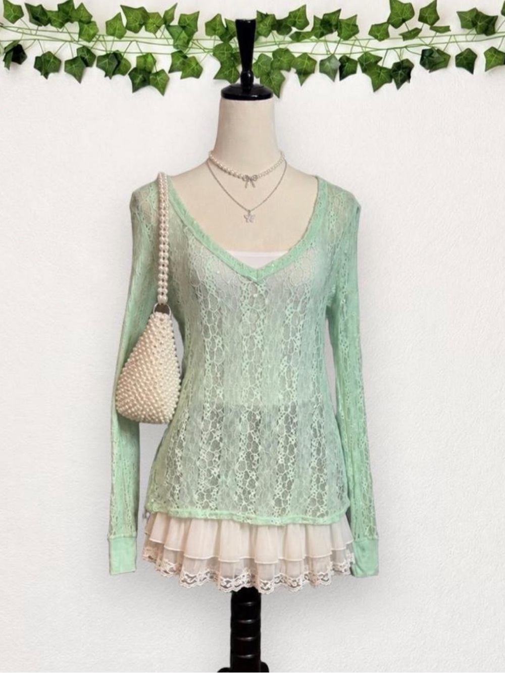 BKE Mint Green Sheer Floral Lace Sequin Tunic Top Size M